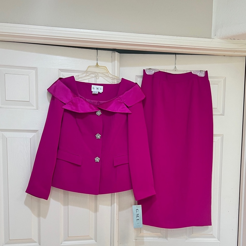 GMI Geometric Collar  Magenta Skirt  Top Suit  Set Size 10 Church Formal Wedding - Picture 3 of 16